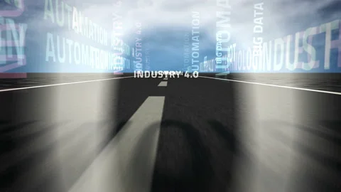 Speed flight Industry 4.0 text on road loop Video stock 155847519