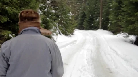 Speed forestry worker who goes on a road covered with snow in the woods Stock Footage 71756679