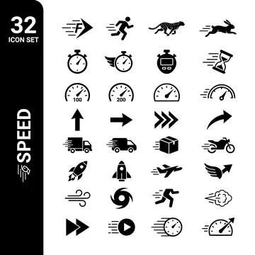Speed icon set collection with 32 black symbols for fast movement, velocity.. Stock Illustration