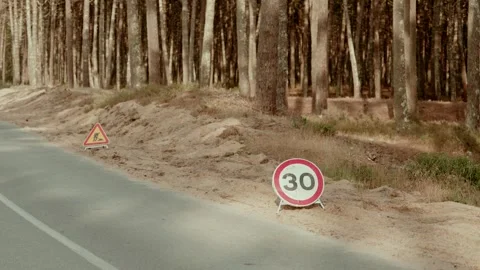 Speed Limit 30 and Roadworks Signs on a Forest Roadside in Portugal Stock Footage 344013393