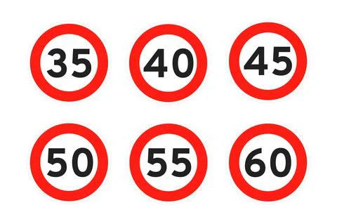 Speed limit 35, 40, 45, 50, 55, 60 round road traffic icon sign flat style Stock Illustration