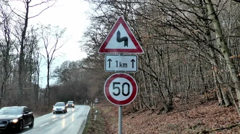 Speed limit 50, dangerous curves of road Stock Footage 45549039