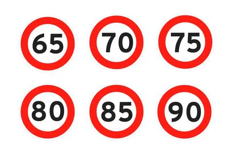 Speed limit 65, 70, 75, 80, 85, 90 round road traffic icon sign flat style Stock Illustration