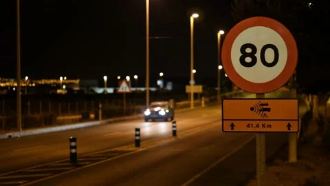 Speed limit and radar warning at night in Spain. Stock Footage 152792087