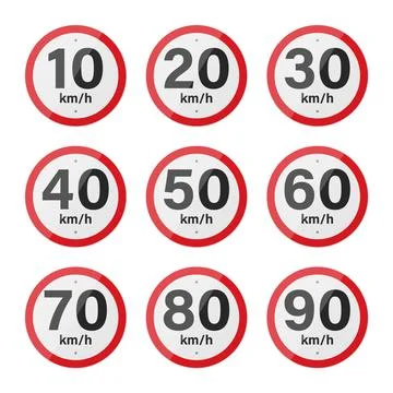 Speed Limit Signs Set 10 20 30 40 50 60 70 80 90 kmh. Round Traffic Regulation Stock Illustration