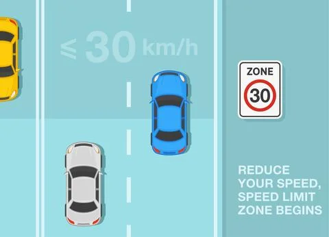Speed limit zone" sign area. Top view of a traffic flow on roadway. Stock Illustration