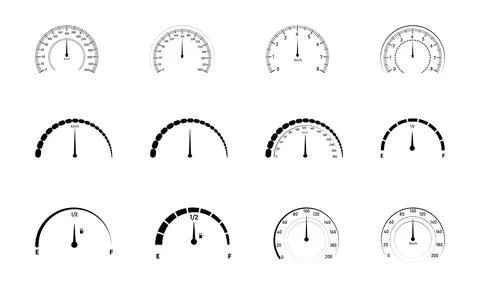 Speed meter silhouette set featuring car dashboard, tachometer dial, and ne.. Stock Illustration