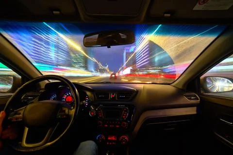 Speed movement car view from the interior Stock Photos