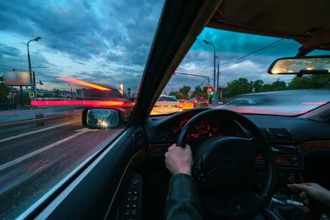 Speed movement car view from the interior Stock Photos