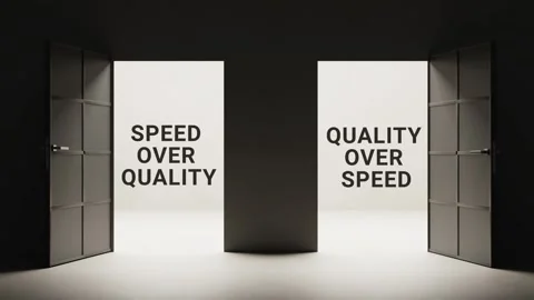 Speed over quality or quality over speed concept animation, two opening doors Video stock 319379272
