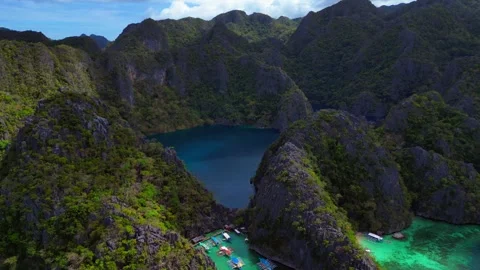 Speed ramp Barracuda Lake Coron, Palawan, Philippines. Great aerial view drone Stock Footage 344593597