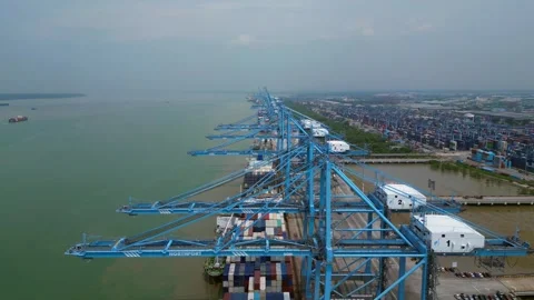 Speed ramp Northport cargo container Port Klang. Magic aerial view drone Stock Footage 344596406