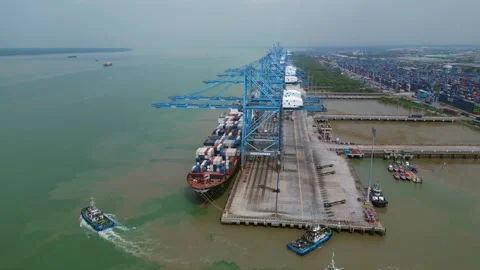 Speed ramp Northport cargo container Port Klang. Great aerial view drone Stock Footage 344596803