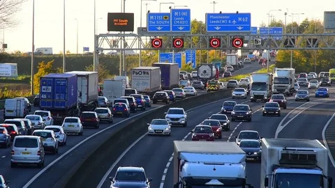 Speed restriction in traffic jam on the M62 motorway leeds uk Stock Footage