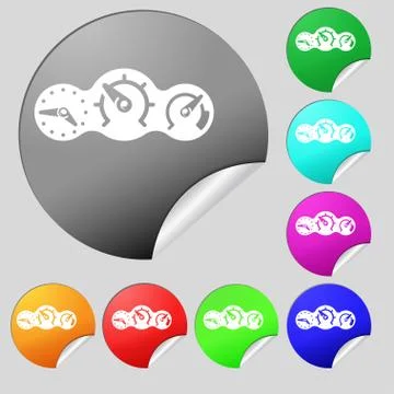 Speed, speedometer icon sign. Set of eight multi colored round buttons, stick Stock Illustration