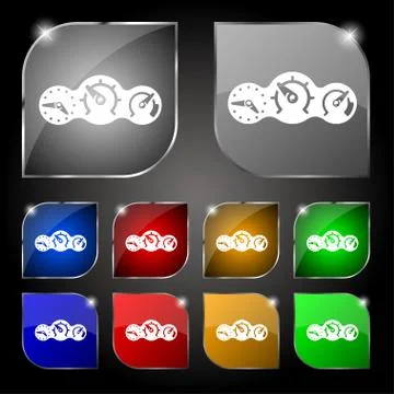 Speed, speedometer icon sign. Set of ten colorful buttons with glare. Vector Illustrazione stock