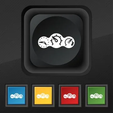 Speed, speedometer icon symbol. Set of five colorful, stylish buttons on blac Stock Illustration