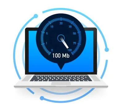 Speed test on laptop. Speedometer Internet Speed 100 mb. Website speed loading Stock Illustration