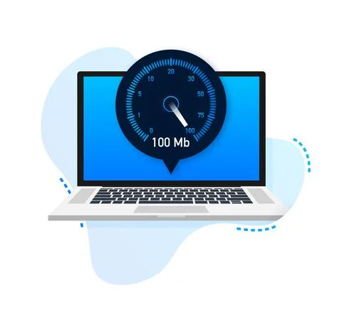 Speed test on laptop. Speedometer Internet Speed 100 mb. Website speed loading Stock Illustration