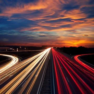 Speed traffic at dramatic sundown time - light trails Foto stock