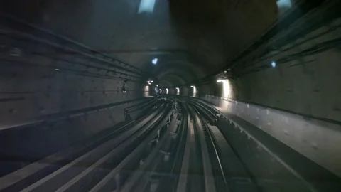 Speed of a train in underground subway tunnel Stock Footage