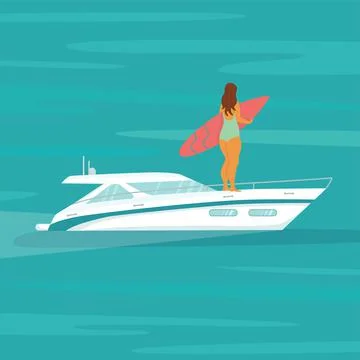 Speed yacht with surfer body positive woman in sea, ocean. Summer vacation Stock Illustration