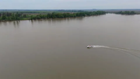 Speedboat Crossing Wide River Surface in Paraná Delta with Forest in Distance Vídeo Stock 307908678