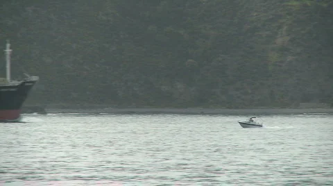 Speedboat passes logging ship Stock Footage 544112