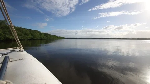 Speedboat in speed over smooth river water with blue sky and Stock Footage 132730840