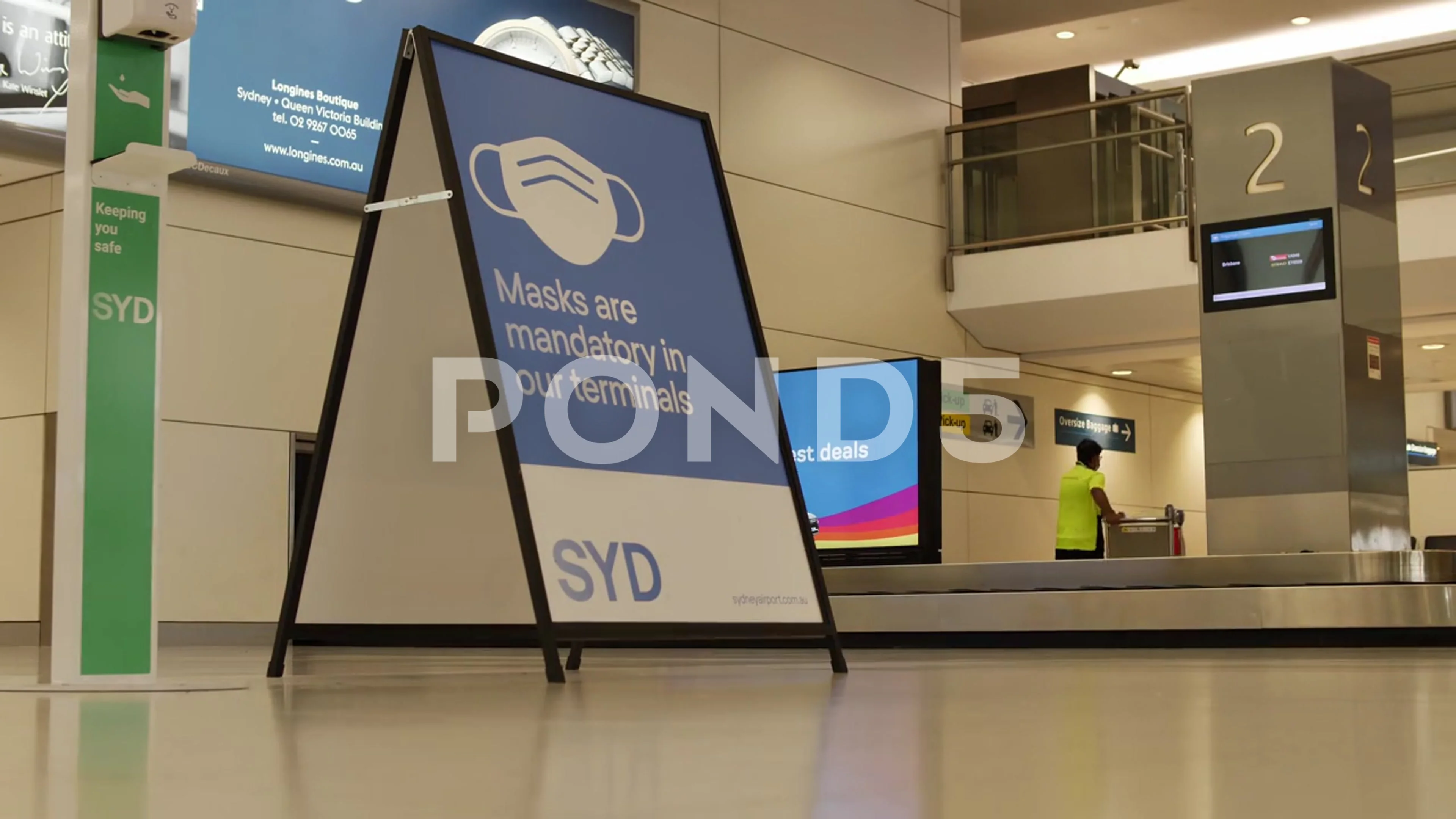 Speeded up passengers pass Masks are mandatory sign in Sydney airport 4K