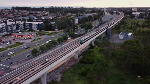 Speeding Driverless Trains Following Backwards on Elevated Track Video stock 150409467