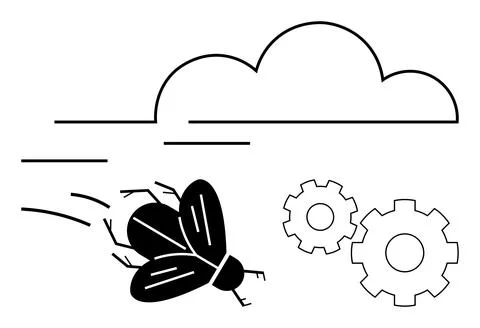 Speeding Fly Heading Towards Gears Beneath a Cloud with Motion Lines Illustrazione stock