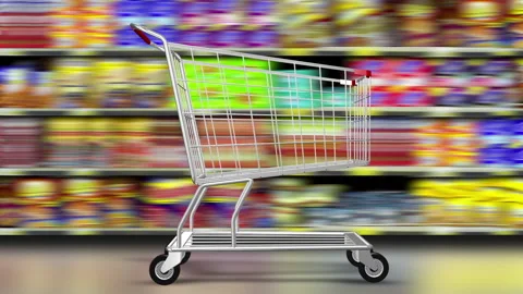 Speeding Grocery Cart Rolls Down Shopping Aisle - 3D Illustration Animation Stock Footage