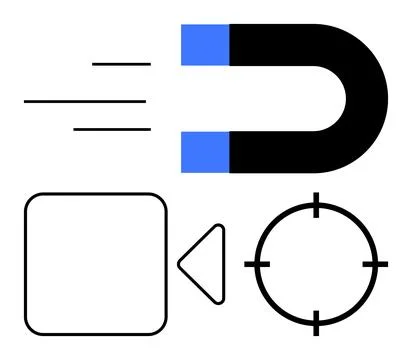Speeding magnet with trailing lines, adjacent to a squared spiral, a hollowed Illustrazione stock