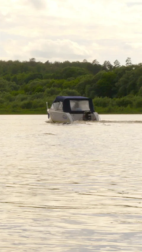 Speeding Runabout On The Water. Summer Forest By The Shore. Vertical Stock Footage 272178565