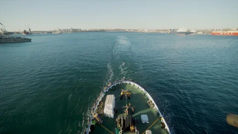 Speeding the ship by sea. Camera on the front of the ship, effect that man on Video stock 129613634