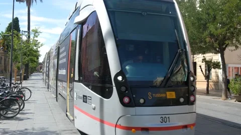 Speeding tram travelling through central Seville in Spain. Stock Footage 218807588