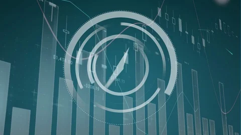 Speeding white clock over scrolling grey charts Stock Footage 112908826