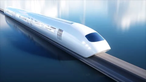 Speedly Futuristic monorail train . Concept of future. People and robots. Water Video stock 87689044