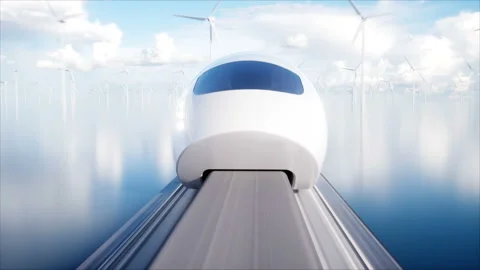 Speedly Futuristic monorail train . Concept of future. People and robots. Water Stockbeeldmateriaal 87689256