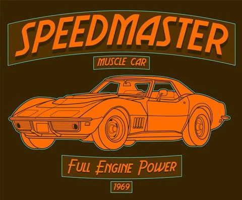 Speedmaster Muscle Car, full engine power vintage 1969 art with brown background Stock Illustration