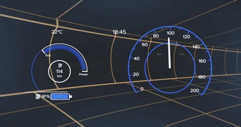 Speedometer and battery level animation over futuristic grid background Video stock 305132934