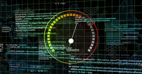 Speedometer and coding data processing animation over digital grid background Stock Footage 328360638
