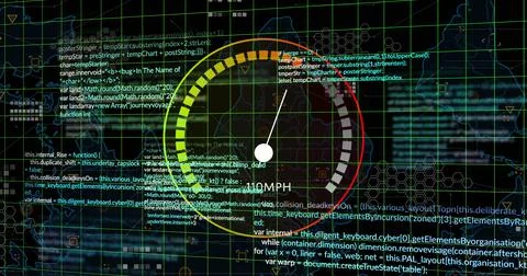Speedometer and coding data processing image over digital grid background Stock Illustration