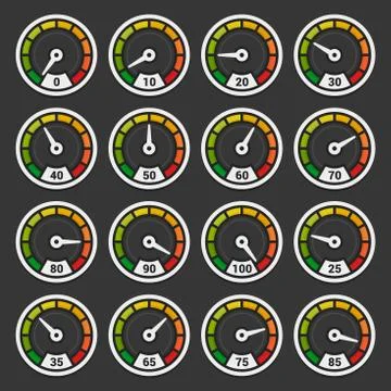 Speedometer and Indicators Icons Set on Dark Background. Vector 스톡 일러스트