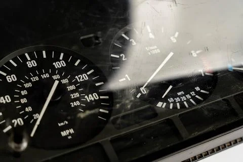 Speedometer and tachometer display showing various readings and metrics Stock Photos