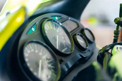 Speedometer and tachometer of a motorcycle Stock Photos