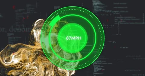 Speedometer animation displaying 85 MPH over abstract digital background Stock Footage 330172741