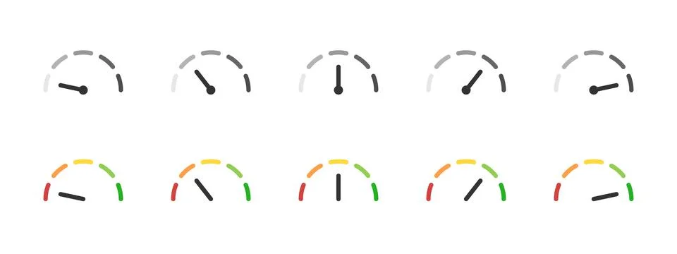 Speedometer gauge icon set. Performance or status levels vector illustratio.. Stock Illustration