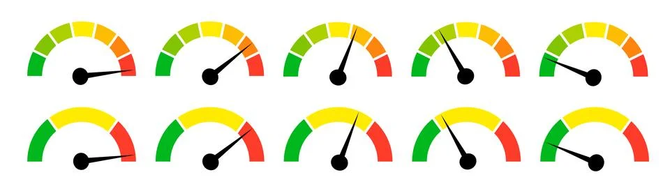 Speedometer gauge meter icons. Vector scale, level of performance. Speed Stock Illustration
